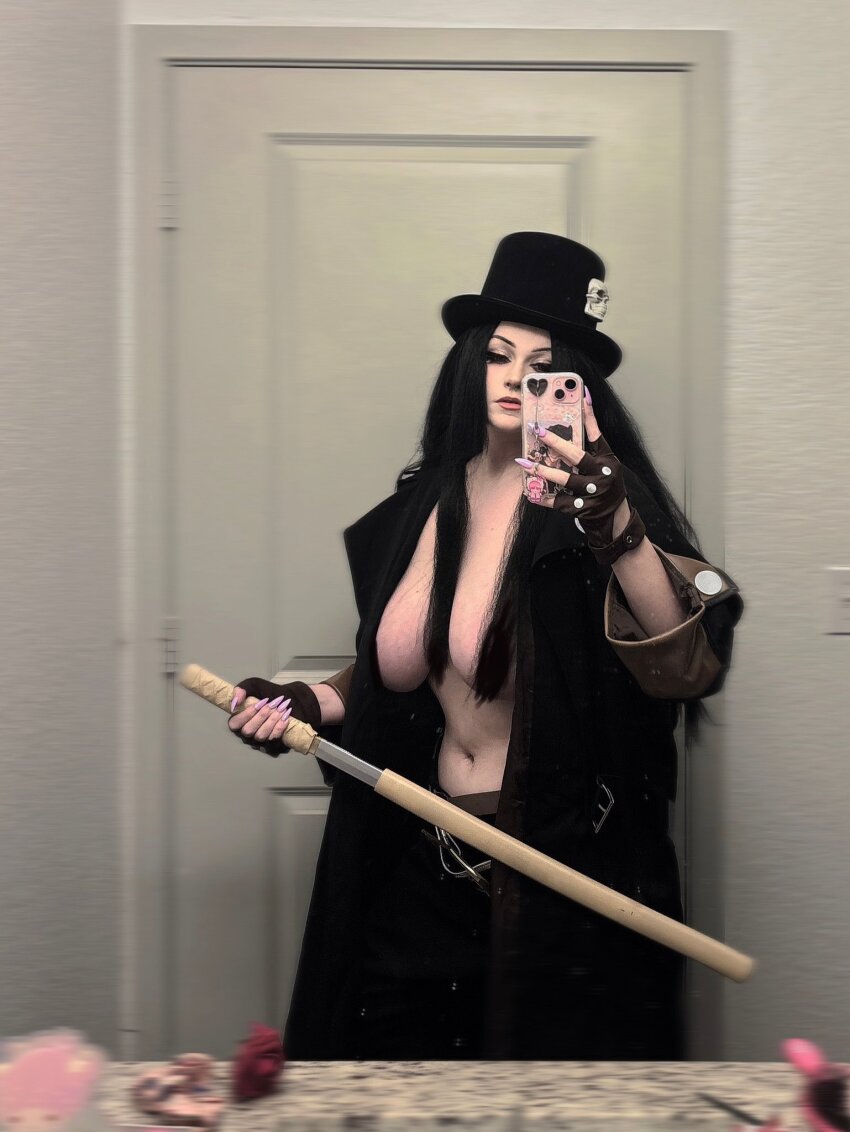 big_breasts coat cosplay hat long_hair nail_polish pimp red_eyes selfie v0dch4n