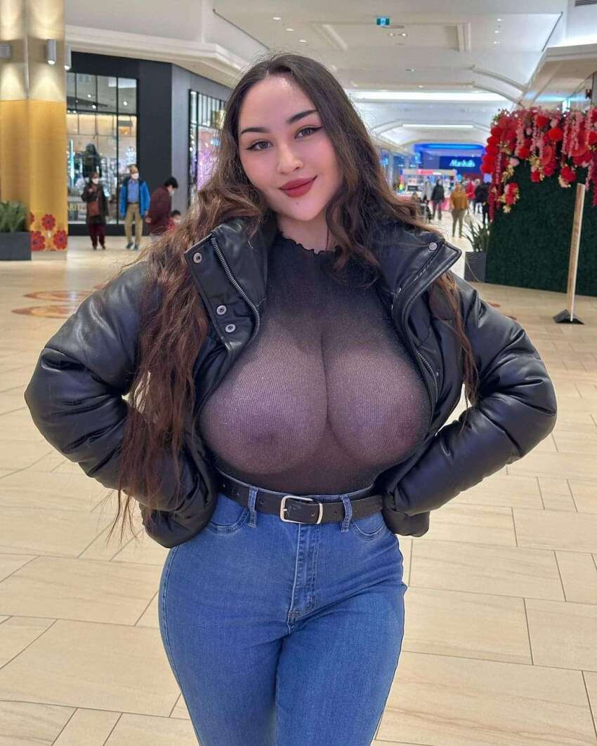 big_breasts breasts chrisevan641 exhibitionism female jacket jeans large_areola large_breasts lipstick long_hair louisa_khovanski no_bra open_jacket public public_flashing see-through see-through_top see_through_clothing sheer sheer_clothes sheer_top shirt smile transparent_clothing