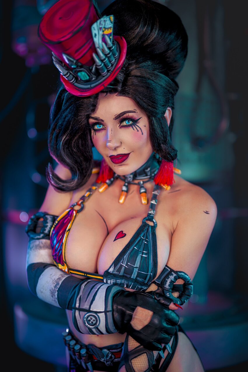 borderlands breasts_squeezed_together breasts_touching cleavage cosplay cosplayer enhanced_breasts fake_tits hat huge_breasts jessica_nigri looking_at_viewer mad_moxxi micro_bikini