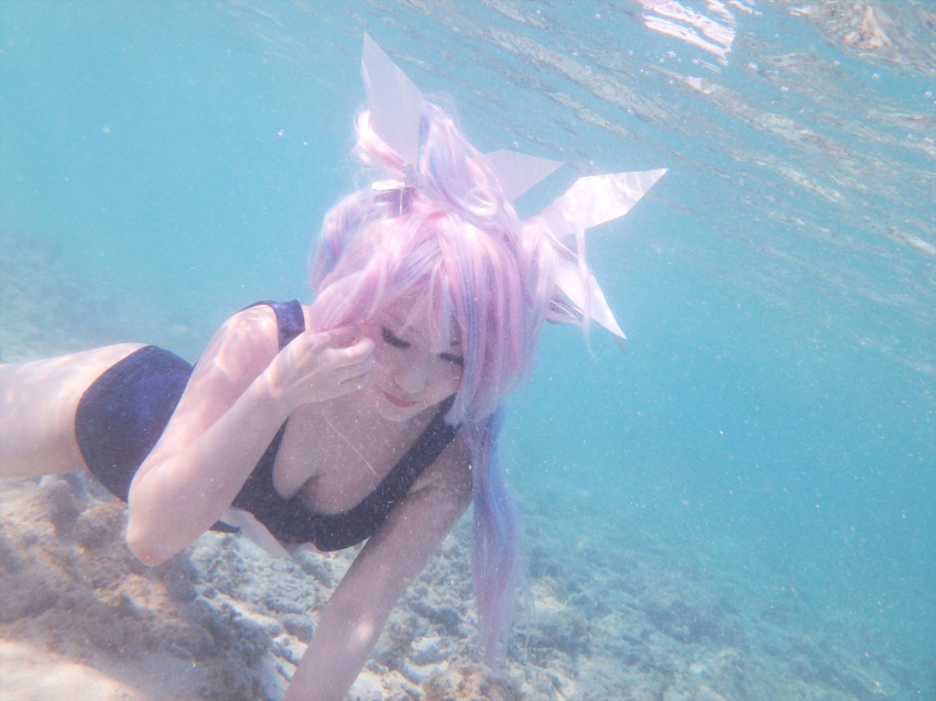 1girl asian blonde_hair breasts cosplay female i-19_(kantai_collection) kantai_collection large_breasts long_hair school_swimsuit shooting_star solo swimsuit underwater