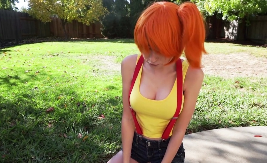 1girl cleavage cosplay haley420 misty_(pokemon) orange_wig outdoors pokemon pokemon_(classic_anime) short_shorts stoner_girl suspenders white_female youtuber