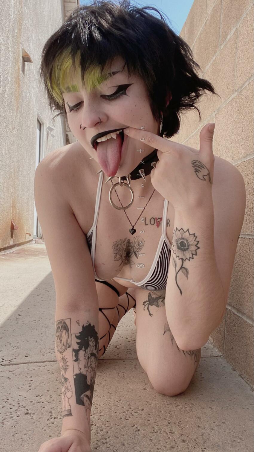 facial_piercing fangs goth gremlinbxtch onlyfans short_hair showing_teeth tattoos tomboy