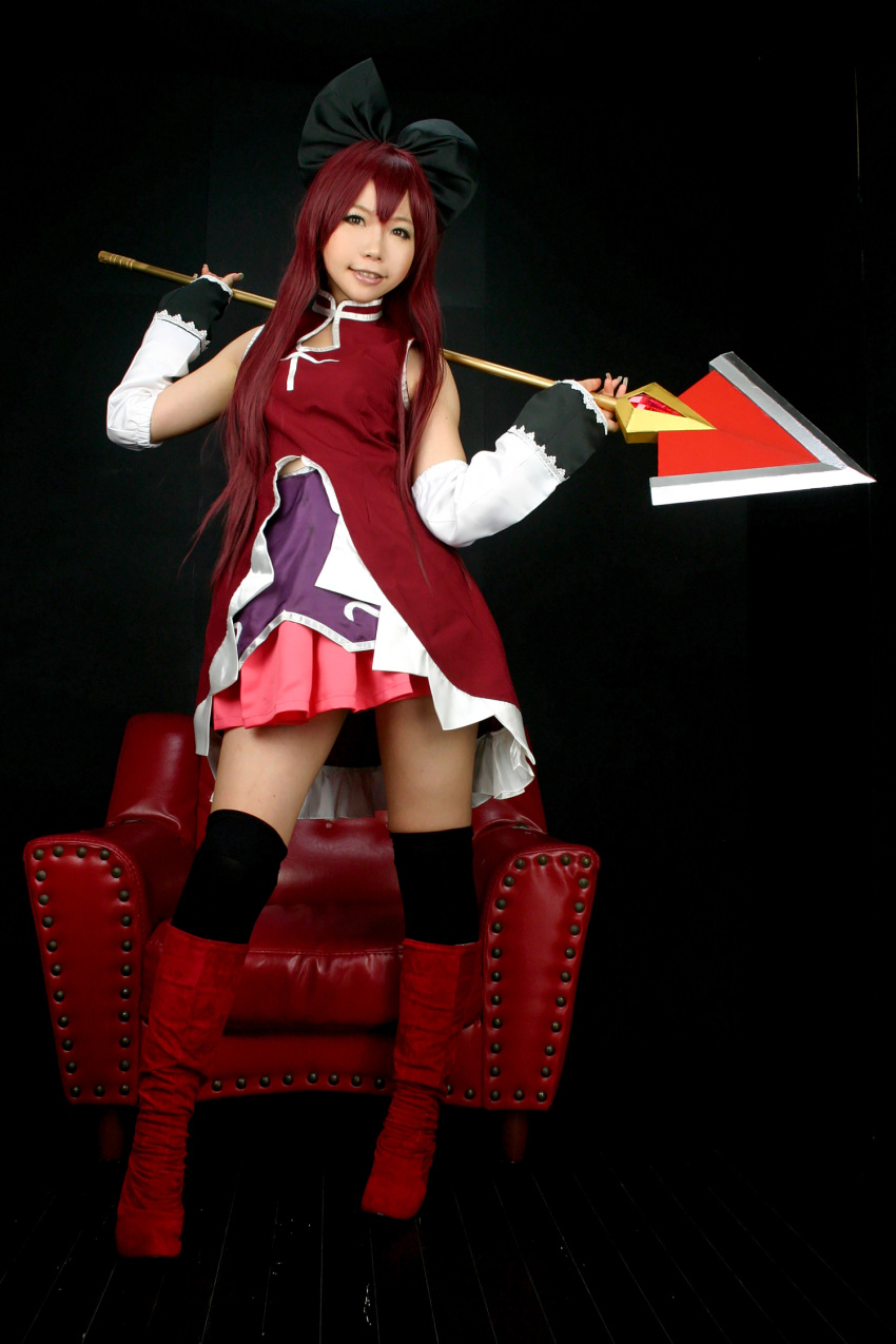 1girl asian breasts cosplay female higurashi_rin long_hair mahou_shoujo_madoka_magica red_hair sakura_kyouko solo spear watermark