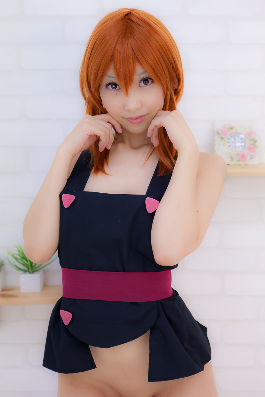 apron asian belt breasts cosplay female long_hair orange_hair sandals shoes solo