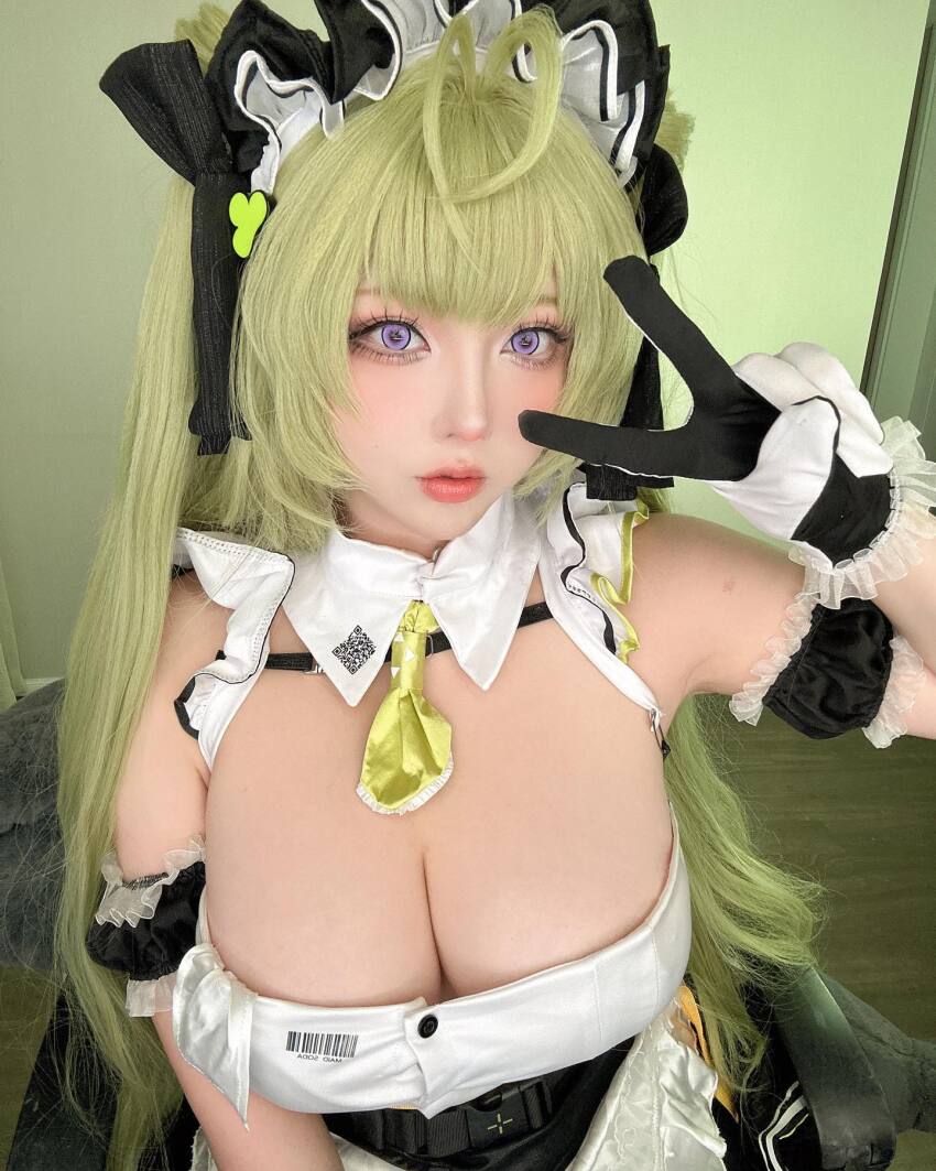 1girl asian chinese cleavage cosplay goddess_of_victory:_nikke green_hair huge_breasts maid soda_(nikke) solo takomayuyi v