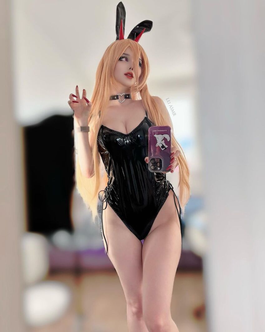 blonde_hair brown_hair bunny bunny_costume bunny_ears bunny_girl cellphone chainsaw_man cosplay demon_girl demon_horns horns latex legs lei_asmr leotard long_legs orange_hair power_(chainsaw_man) selfie smartphone swimsuit v