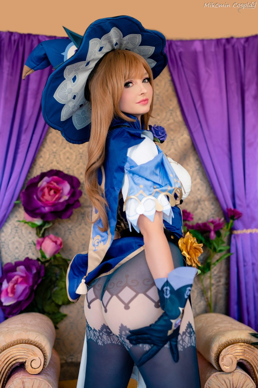 1girl ass cosplay from_behind genshin_impact lisa_(genshin_impact) mikomin pantyhose wig witch_hat