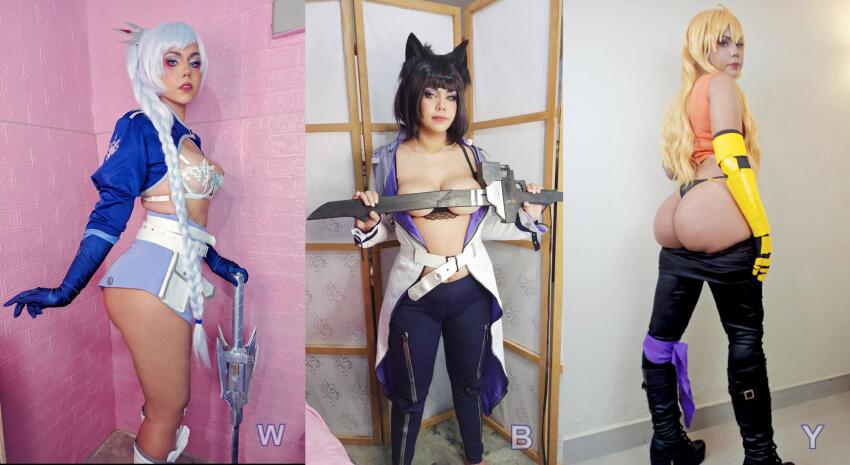 3girls ass black_hair blake_belladonna blonde_hair cleavage cosplay mariigabii rwby split_screen standing sword thighs weiss_schnee white_female white_hair yang_xiao_long