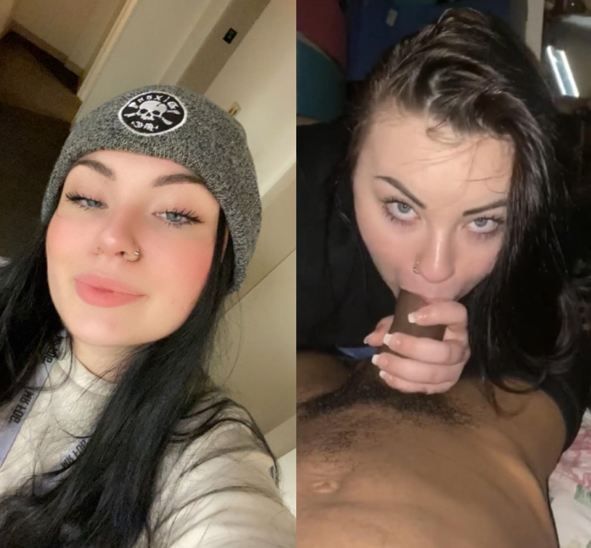 1boy 1girl 1male bbc black_hair blowjob blue_eyes brunette cute_mode_/_slut_mode dark-skinned_male faceless_male fellatio holding_penis interracial looking_at_viewer male_pov nose_piercing nose_ring oral pale-skinned_female pale_skin pierced_nose pov pov_eye_contact sucking_penis