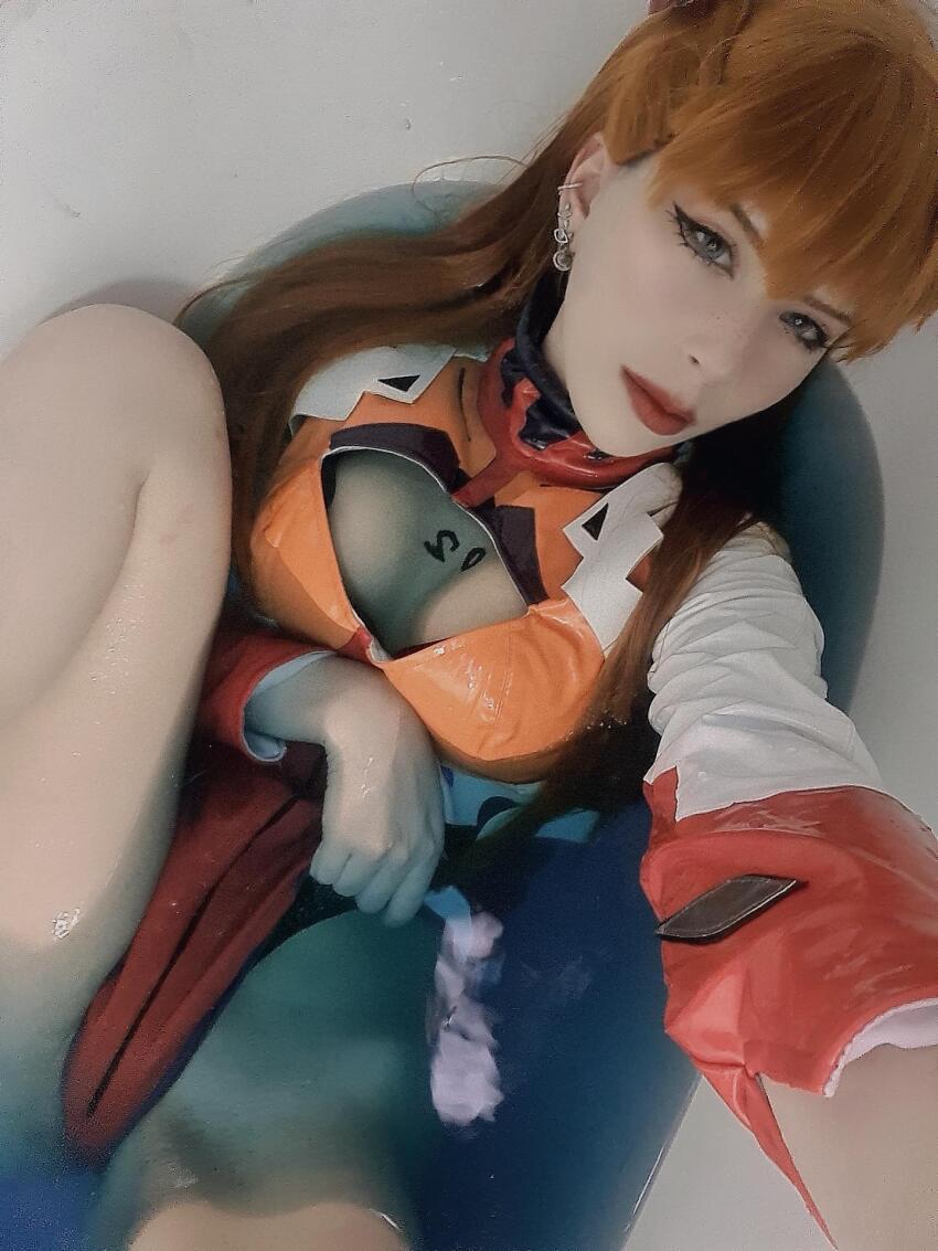 1girl asuka_langley_sohryu bathtub cosplay neon_genesis_evangelion plugsuit smexyoracle solo water wet