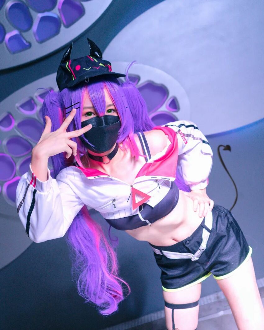 1girl asian asian_female cosplay crop_top face_mask facemask female female_focus female_only hat hololive jacket mask petite purple_hair shorts sole_female tokoyami_towa twintails vtuber wig