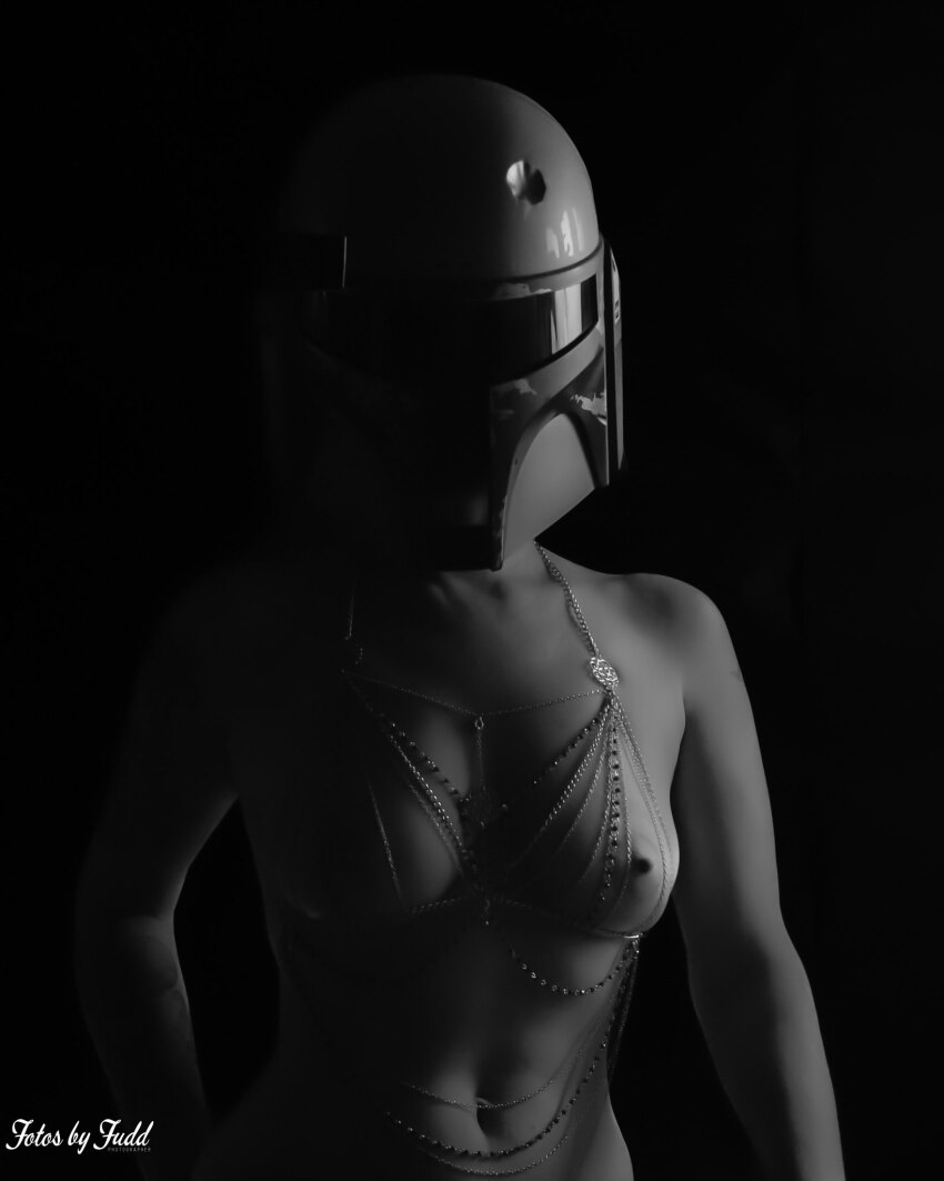 1girl boba_fett breasts dave_schaible jewelry mask monochrome navel nipples star_wars