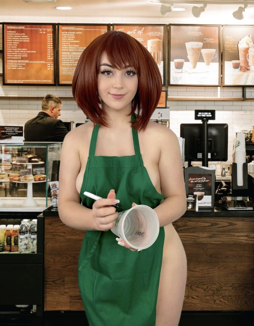 apron boku_no_hero_academia buttercupcos cosplay cup fake_background iced_latte_with_breast_milk looking_at_viewer marker medium_breasts meme my_hero_academia naked_apron nude ochako_uraraka public restaurant small_breasts starbucks twitter