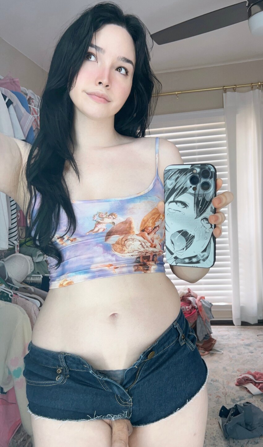 anime ariana_angels black_hair hentai long_hair penis phone selfie shorts smile smiling solo testicles transgender trap