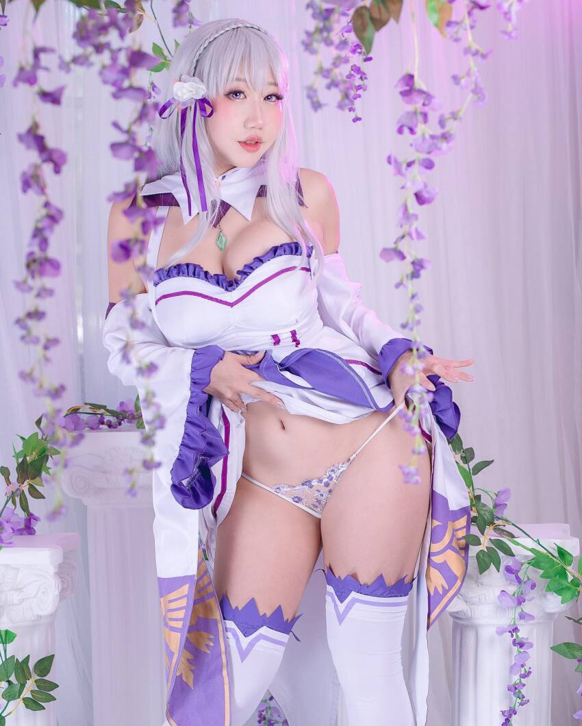 asian cleavage cosplay danisaurz dress dress_pull emilia_(re:zero) female large_breasts re:zero_kara_hajimeru_isekai_seikatsu thighhighs white_hair