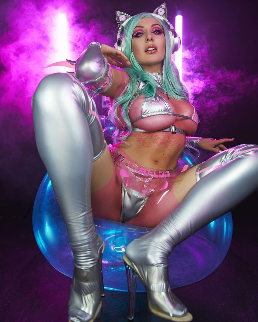 1girl belly belly_button bikini catalina_cruz_model cosplay e-girl edit egirl eyelashes eyeliner female_focus female_only gamer gamer_girl gamergirl groin headphones heels highres jessica_nigri kneeling legs lower_body makeup micro_bikini navel non_nude photo photoshoot revealing_clothes sexually_suggestive shiny shiny_clothes sitting solo solo_female solo_focus spread_legs studio_background suggestive swimsuit thighs thong