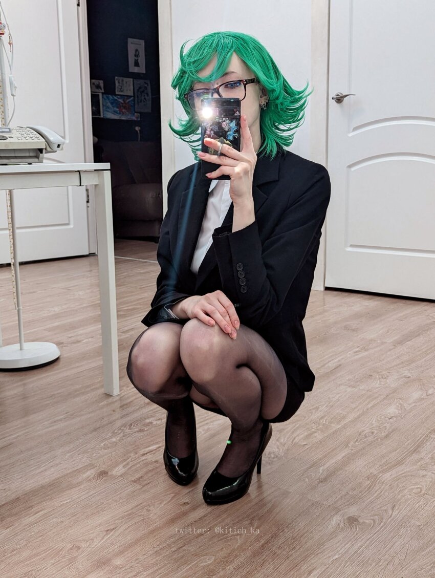 1girl cosplay full_body glasses green_hair highres medium_hair office_lady pantyhose selfie short_hair solo tatsumaki