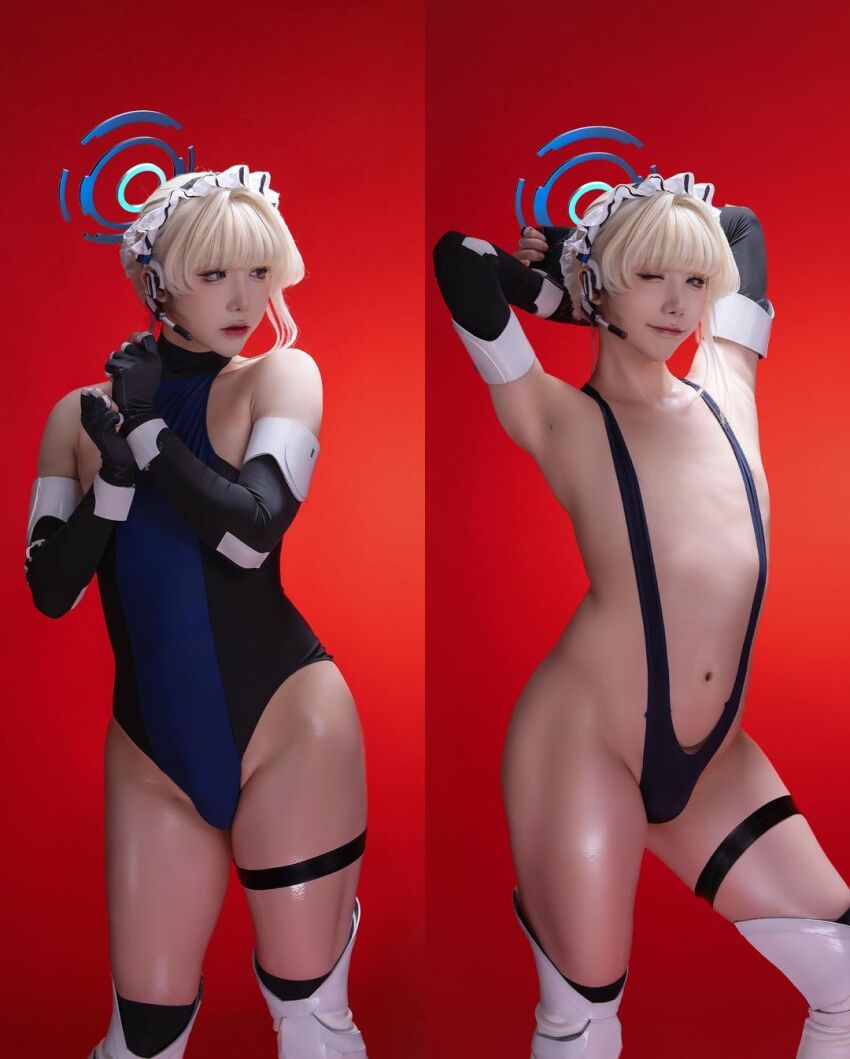 1boy arms_up asian blonde_hair blue_archive blue_eyes boots bulge chinese cosplay femboy feminine headphones izayoirui lipstick looking_at_viewer makeup male male_focus male_only one-piece_swimsuit posing short_hair solo split_screen standing swimsuit toki_(blue_archive) trap