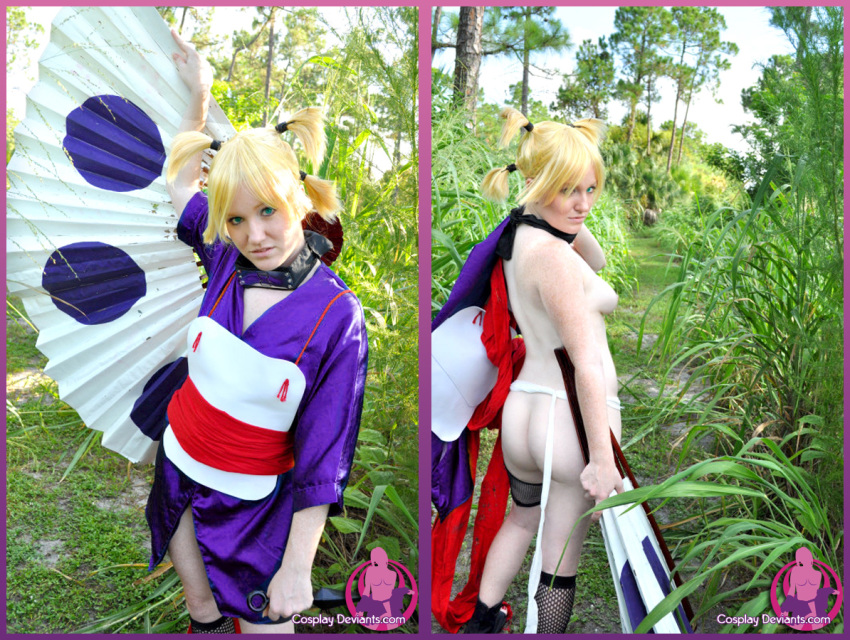 ass blonde_hair breasts cosplay cosplaydeviants female female_only fishnets forest kunoichi naruto ninja solo temari temari_(cosplay)