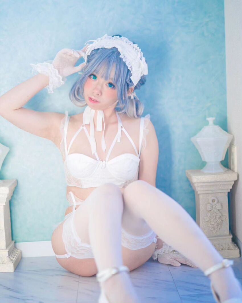 asian blue_hair lingerie stockings tagme white_lingerie