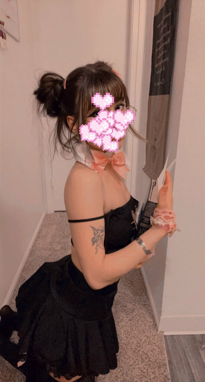 1girl amateur bare_shoulders black_dress bow brown_hair censored dress female female_focus heart indoors kneeling looking_at_viewer solo solo_focus tattoo twin_buns twin_tails twitter watermark xxxprincesspink