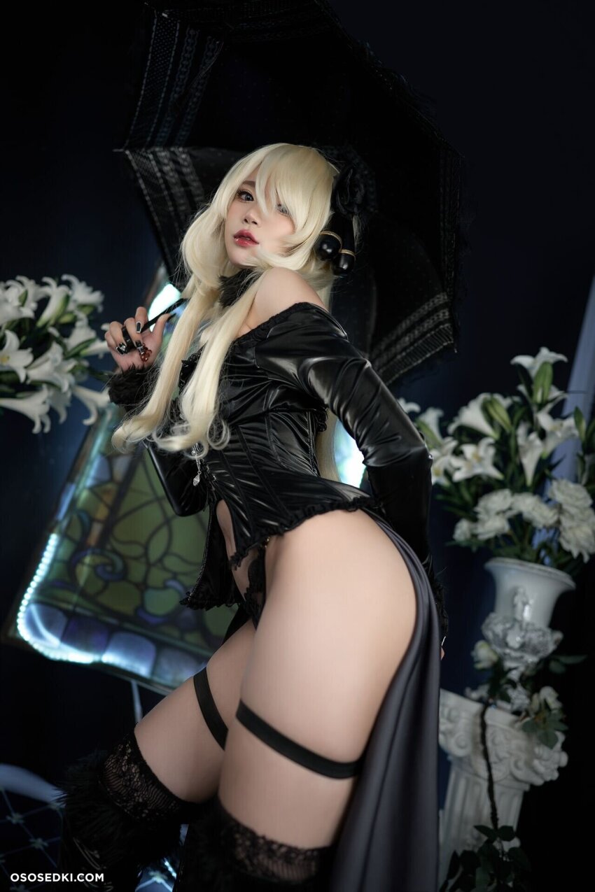 ass black_dress blonde_hair clothed clothed_female cosplay cynthia_(pokemon) dress hair_ornament lingerie looking_at_viewer photo photoshoot pokemon thick thick_thighs thighs umbrella zinieq