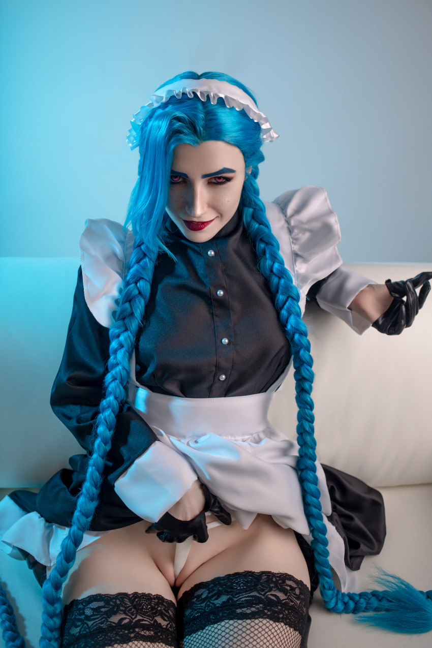 1girl blue_hair cameltoe clothed clothed_female cosplay fat_mons female_focus female_only frontal_wedgie gloves groin jinx_(league_of_legends) lace league_of_legends looking_at_the_viewer looking_at_viewer maid maid_uniform miakanayuri non_nude pale pale-skinned_female pale_skin panties panty_pull partially_visible_vulva pigtails pink_eyes presenting_pussy pubic_mound purple_eyes sexually_suggestive sitting skirt skirt_lift skirt_up solo solo_female solo_focus suggestive thighhighs thong