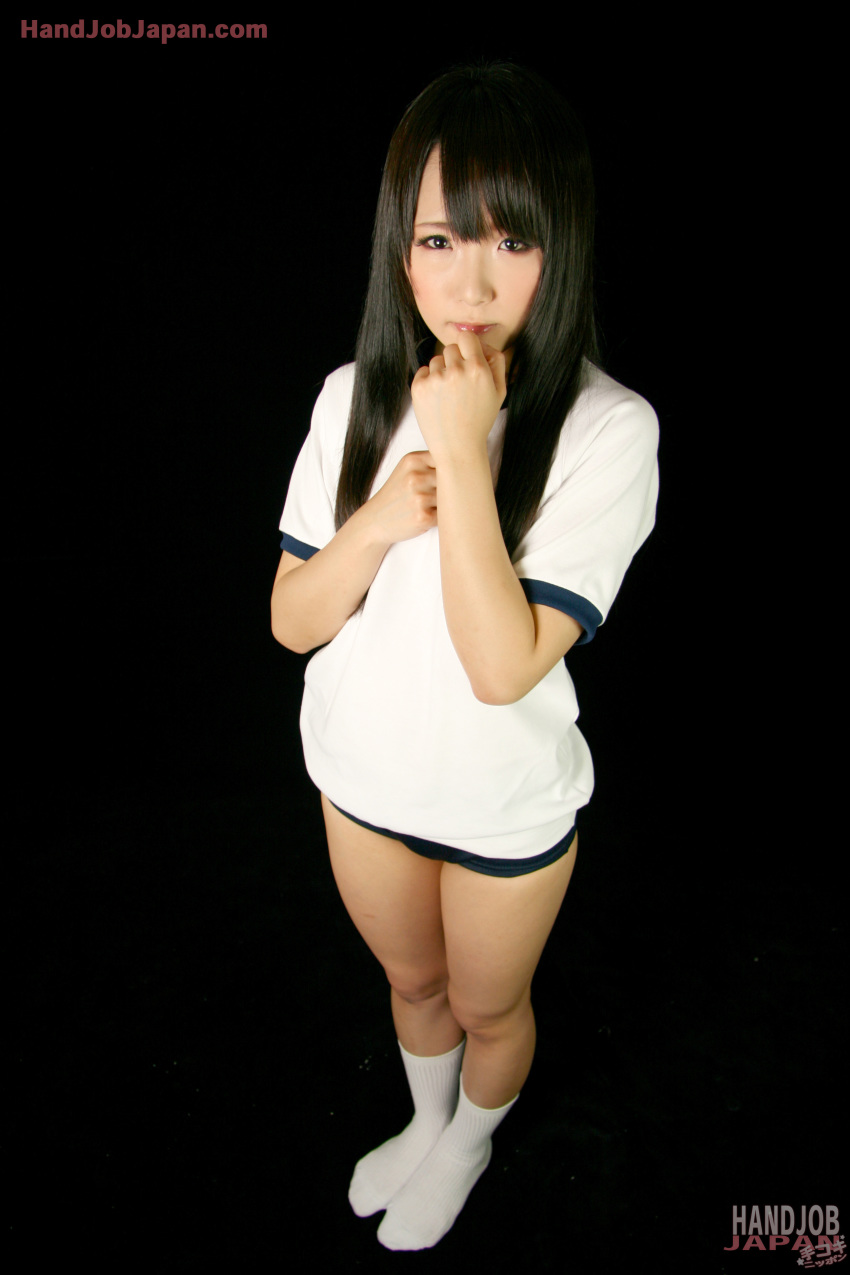 1girl arms_at_sides asian bangs black_background black_eyes black_hair breasts buruma female flat_chest foreshortening from_above gym_uniform hand_to_face handjobjapan japanese_clothes legs_together long_hair mizushima_ai scared simple_background small_breasts socks solo standing watermark white_legwear white_shirt