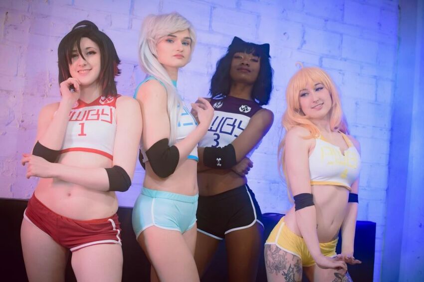 4girls black_female black_hair blake_belladonna blonde_hair cheesecakedruid cosplay dolphin_shorts gillianfoxglove luxstrous mangoloo midriff multiple_girls navel ruby_rose rwby standing tattoo weiss_schnee white_female white_hair yang_xiao_long