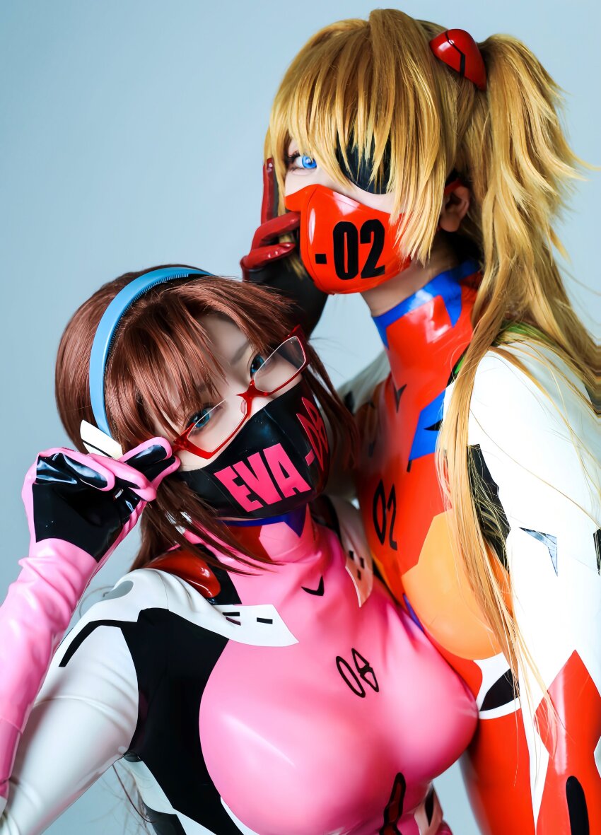 2girls asian asuka_langley_sohryu breasts brown_hair cosplay facemask glasses glico_happy japanese latex makinami_mari_illustrious multiple_girls neo.omochi neon_genesis_evangelion orange_hair pink plugsuit