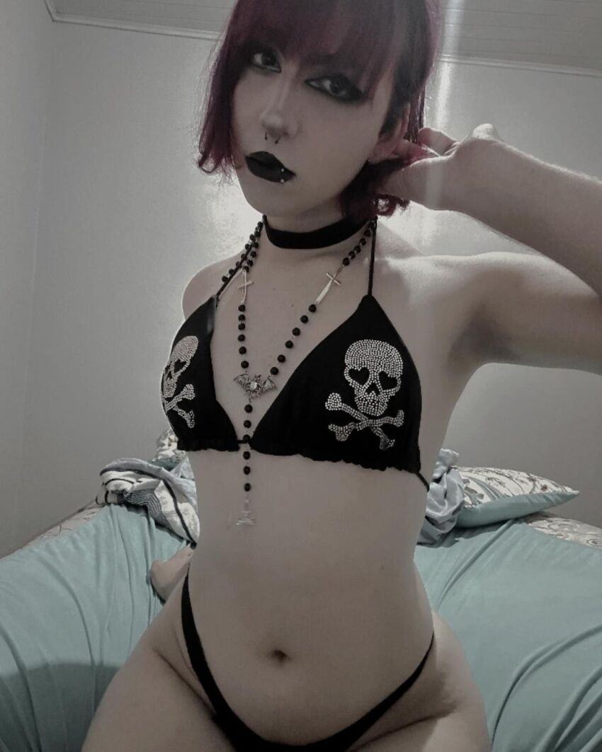 armpits black_lipstick choker dre4melie flat_chest goth goth_girl lip_piercing lipstick looking_at_viewer navel nose_piercing on_bed pale_skin sitting trans trans_female transgender transgirl