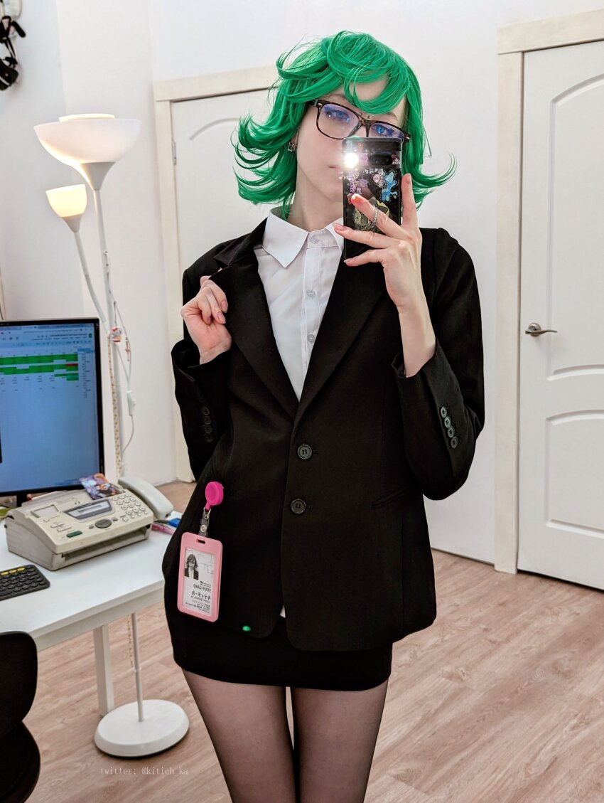 1girl black_skirt cosplay glasses green_hair highres medium_hair miniskirt office_lady pantyhose selfie short_hair skirt solo tatsumaki