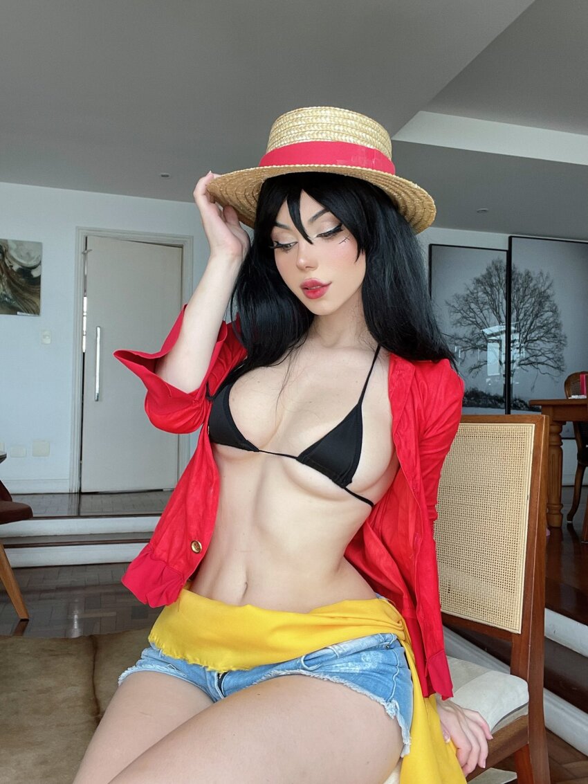 1girl bikini black_bikini black_hair cosplay fegalvao jean_shorts long_hair monkey_d._luffy one_piece pervert shorts solo solo_focus