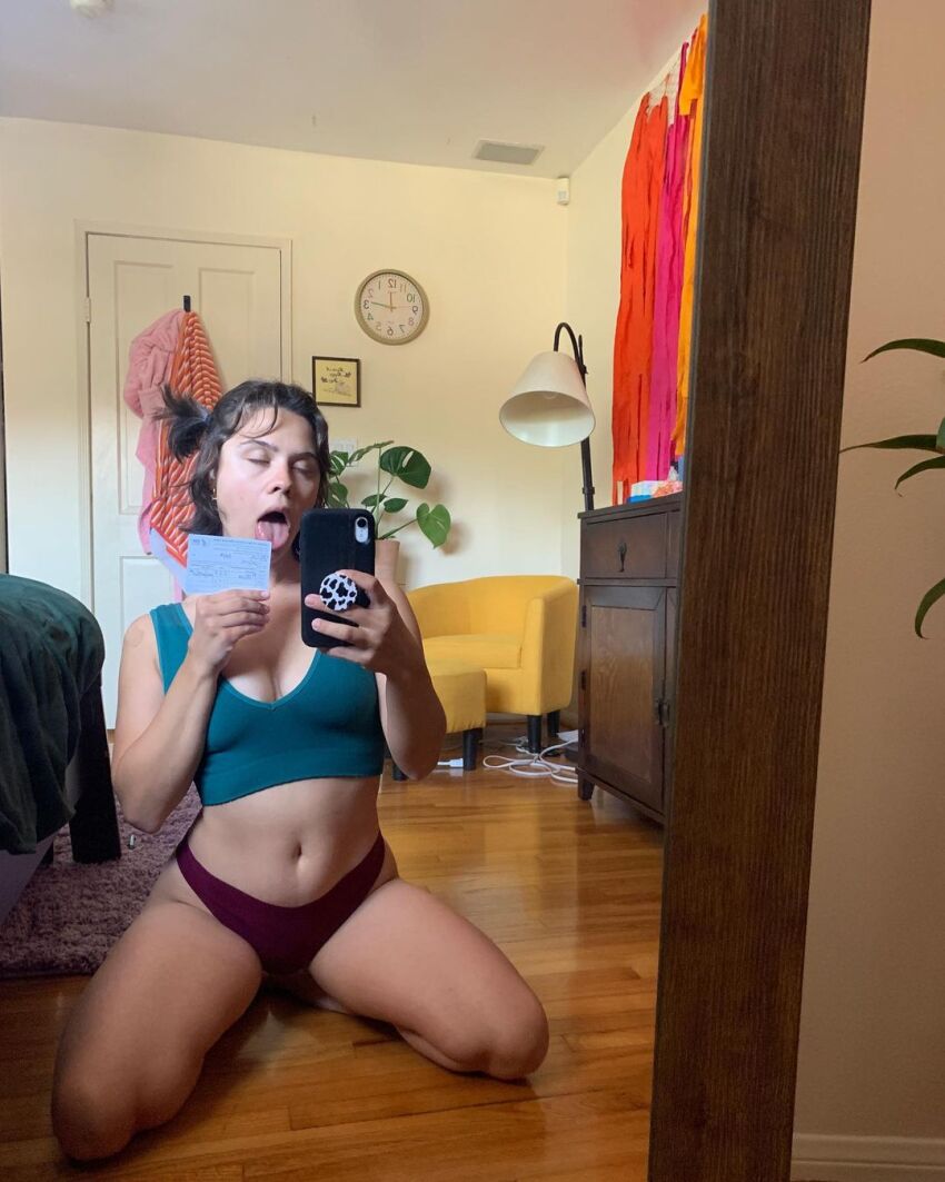 1girl 2021 anna_garcia black_hair blue_bra bra eyes_closed female female_only holding_phone indoors instagram knees_apart_feet_together light-skinned_female light_skin mirror mirror_selfie on_floor on_knees phone purple_panties selfie sfw solo solo_female thick_thighs tongue tongue_out underwear