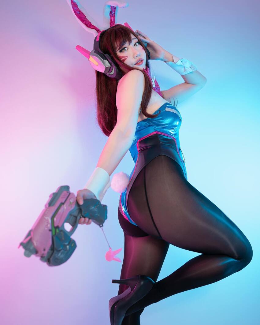 asian ass bunny_ears bunny_girl cosplay d.va danisaurz gun high_heels leotard overwatch pantyhose