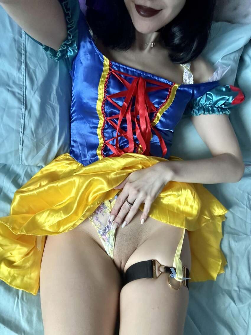 1girl black_hair coinslot_pussy cosplay disney dress labia lying medieval_dress panties panties_aside pussy selfie snow_white snow_white_and_the_seven_dwarfs solo teslaprincess69