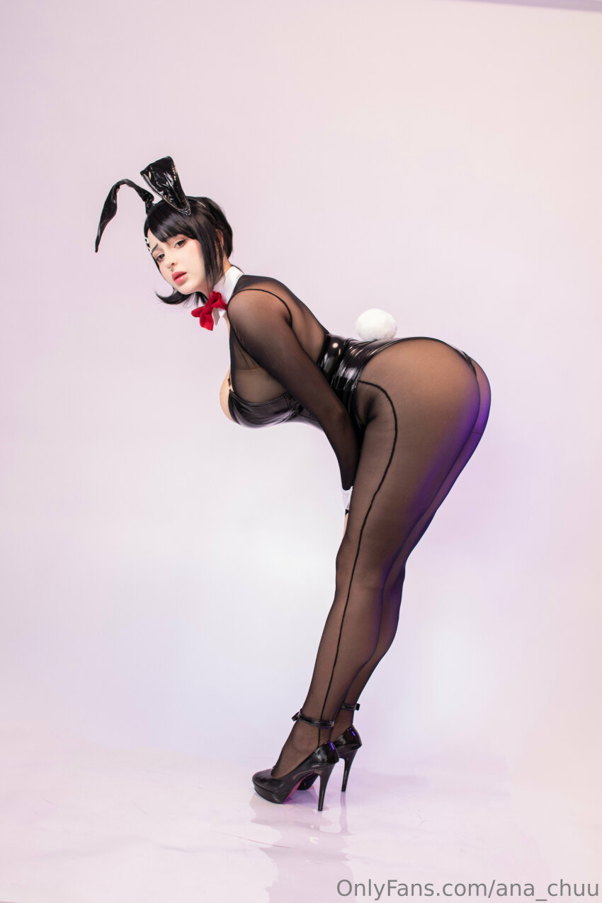 1girl ana_chuu black_hair bunny_ears bunny_girl chainsaw_man cosplay female female_only higashiyama_kobeni kobeni_higashiyama light-skinned_female long_hair looking_at_viewer makeup playboy_bunny solo solo_female teasing