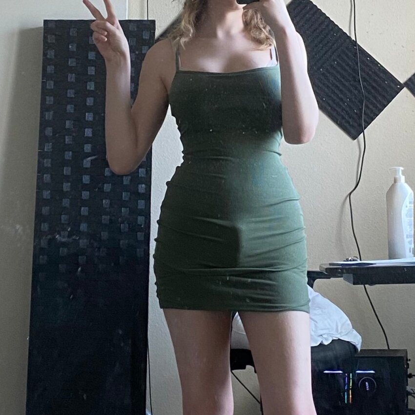 1shemale blonde_hair bulge clothed dress non-nude peace_sign phone selfie shemale shemale_only solo taftaj tight_fit trans_female transgender white