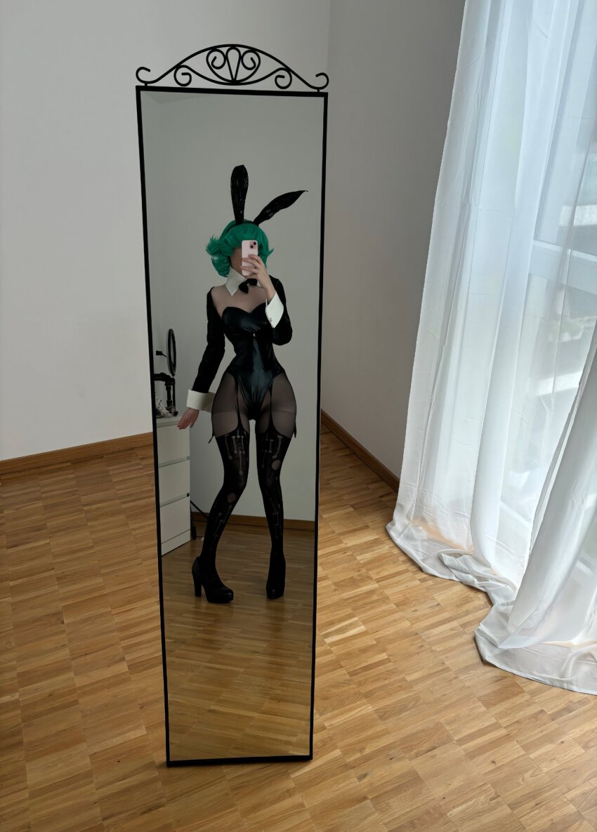 1girl bunny_ears bunny_girl cosplay female_focus full_body green_hair highres one-punch_man rabbit rabbit_ears real_life selfie solo tatsumaki tatsumaki_(cosplay) wide_hips