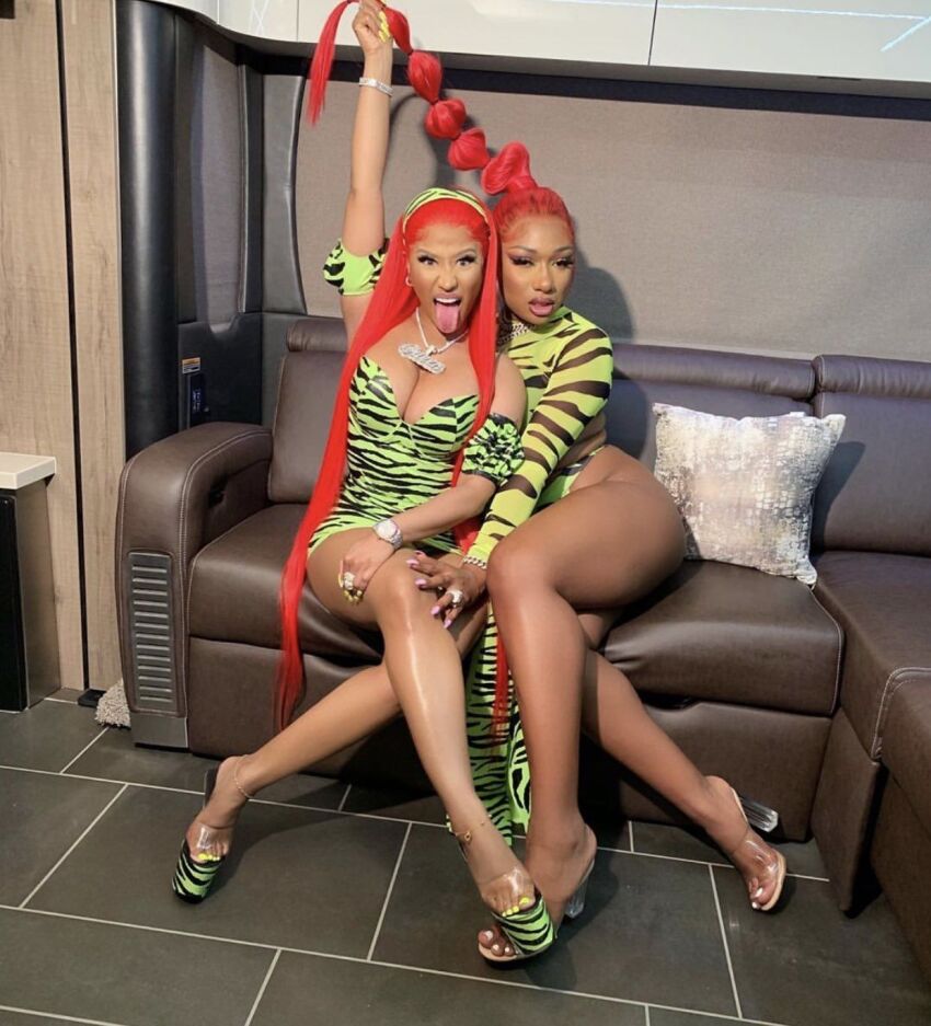 2girls big_breasts celebrity cleavage dark-skinned_female ebony female_only hand_on_thigh megan_thee_stallion nicki_minaj rapper