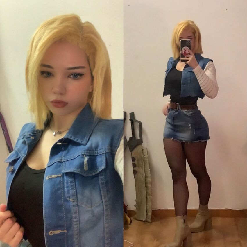 1girl android_18 blonde_hair cosplay dragon_ball dragon_ball_z full_body jeans_skirt legs long_legs medium_hair miniskirt pantyhose selfie short_hair skirt solo solo_focus