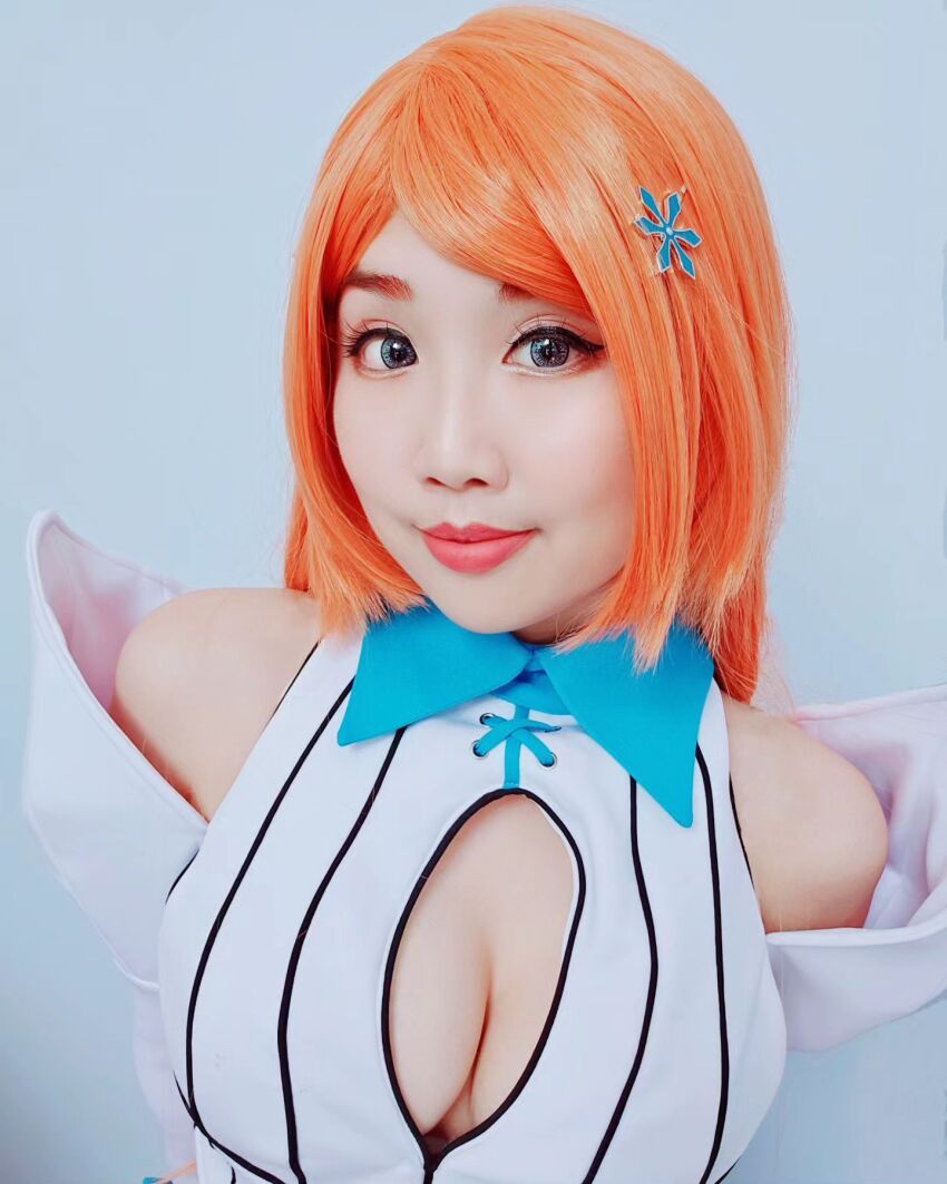 1girl asian bleach breasts cleavage cleavage_cutout cosplay female inoue_orihime large_breasts orange_hair