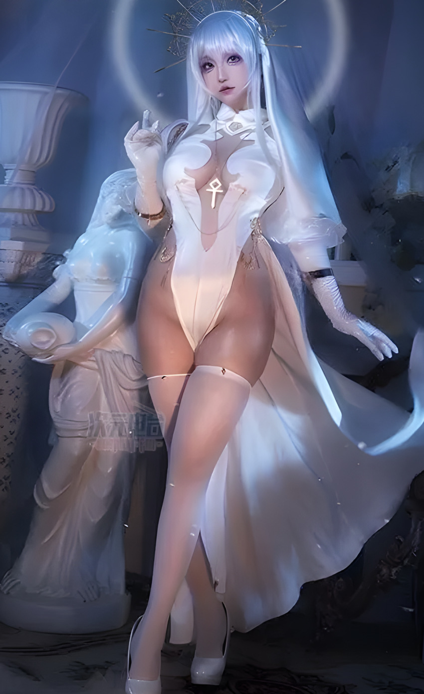 cleavage cosplay crossed_legs female high_heels large_breasts leotard thighhighs white_hair