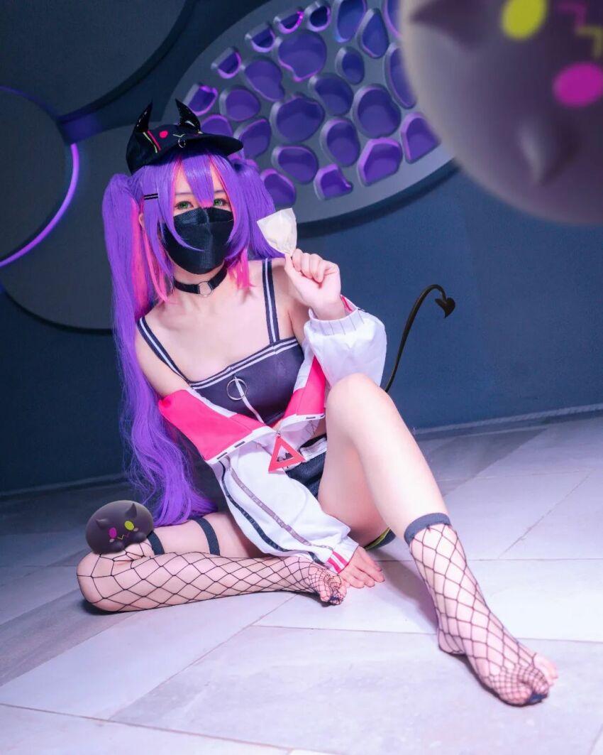 1girl asian asian_female cosplay crop_top face_mask facemask feet female female_focus female_only hat hololive jacket mask petite purple_hair shorts sole_female tokoyami_towa twintails vtuber wig