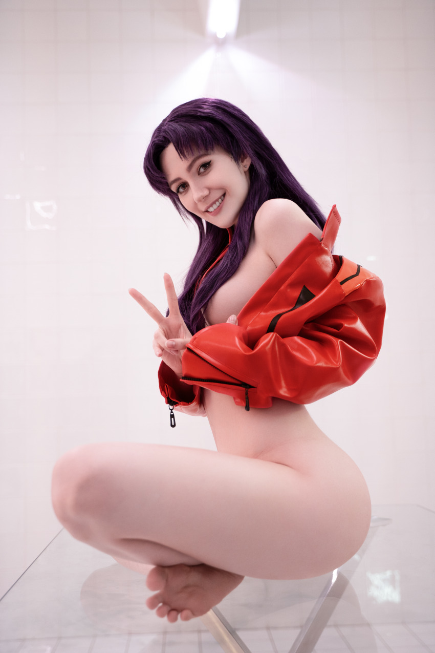 bottomless breasts convenient_censoring cosplay crossed_legs feet hair_covering_breasts jacket looking_at_viewer miakanayuri misato_katsuragi neon_genesis_evangelion open_shirt pale-skinned_female pale_skin peace_sign purple_hair sitting solo solo_female solo_focus