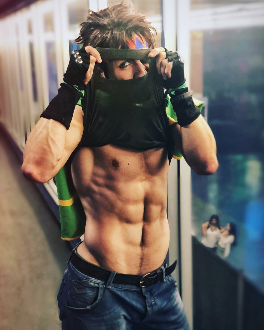 1boy battle_tendency cheating_husband cosplay fingerless_gloves invitating_to_sex jojo's_bizarre_adventure joseph_joestar leon_chiro looking_at_viewer male_only muscular_male pectorals posing pubic_hair sensual veiny_arms