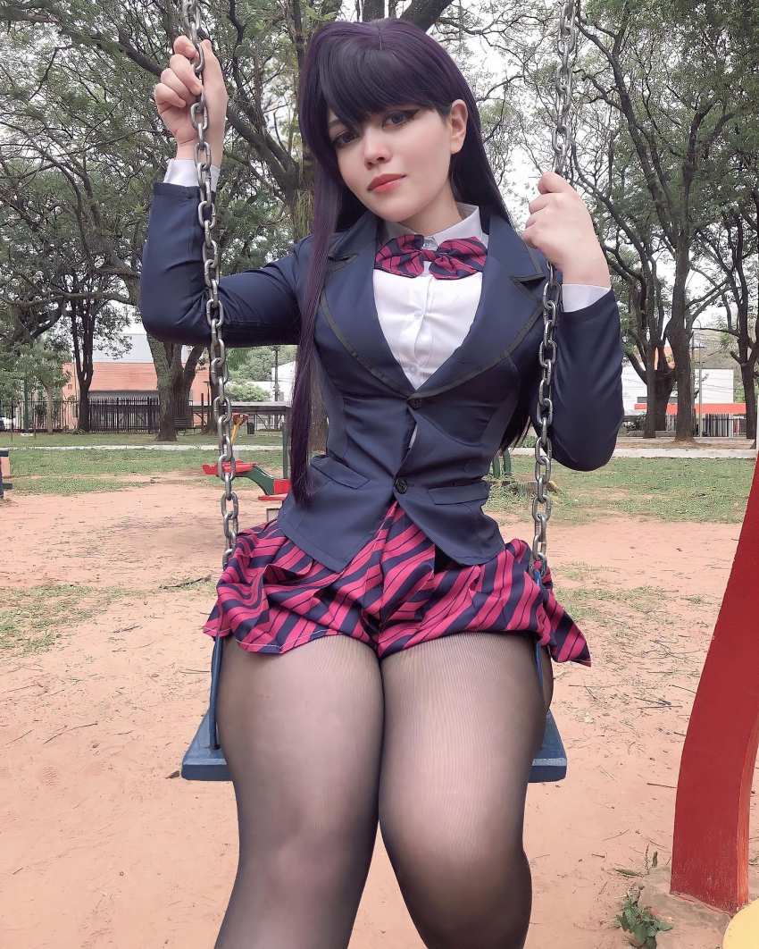 cosplay komi-san_wa_komyushou_desu komi_shouko pantyhose school_uniform schoolgirl short_skirt swing thick_thighs