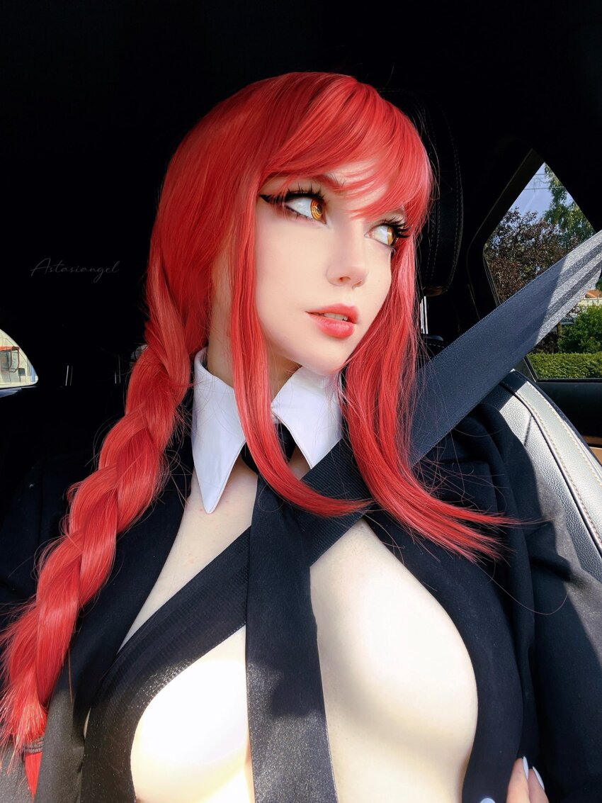 1girl astasiangel breasts car chainsaw_man cosplay female female_only large_breasts long_hair makima red_hair solo yellow_eyes