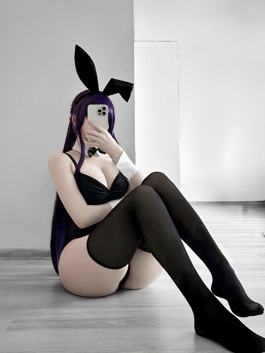 1girl black_panties black_stockings black_thighhighs boobs breasts bunny_ears bunny_girl cosplay feet female female_focus female_only fern_(frieren) frieren mersweb phone phone_in_front_of_face posing purple_hair selfie sitting stockings thighhighs thighs