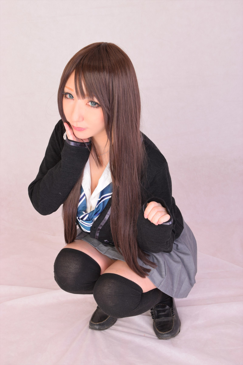 1girl asian breasts brown_hair cosplay female idolmaster idolmaster_cinderella_girls japanese large_breasts long_hair school_uniform shibuya_rin shooting_star solo squatting